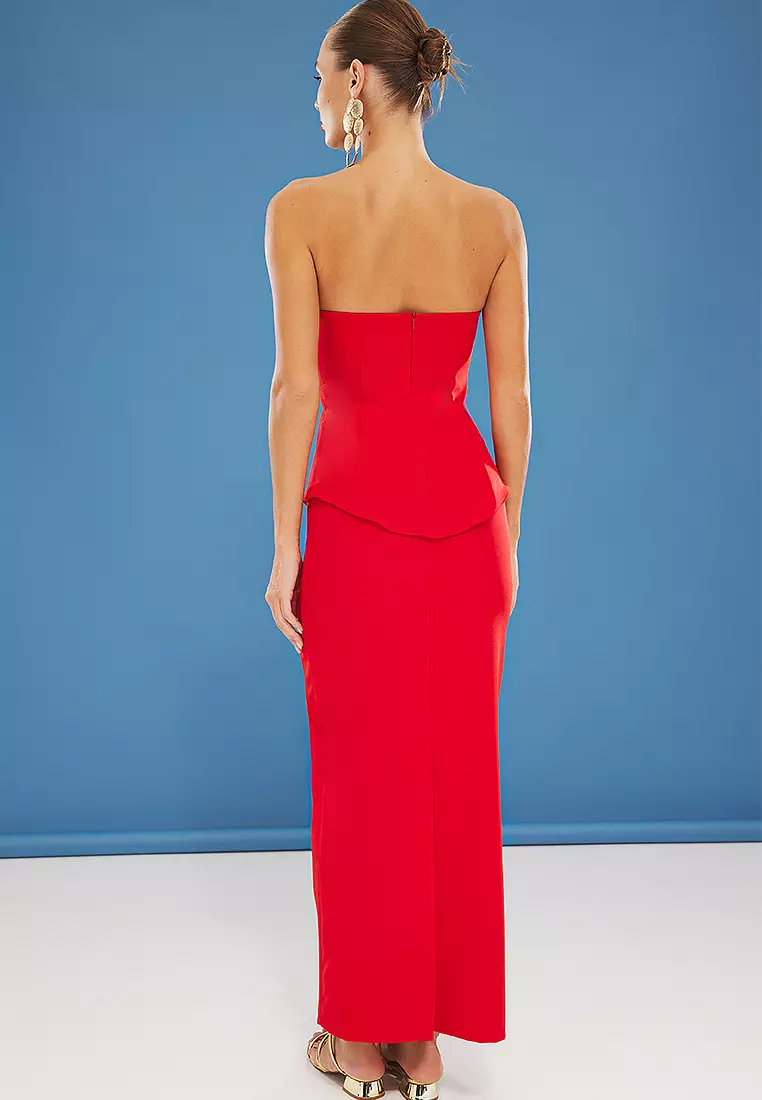 Red Strapless Woven Stylish Top Bottom Set