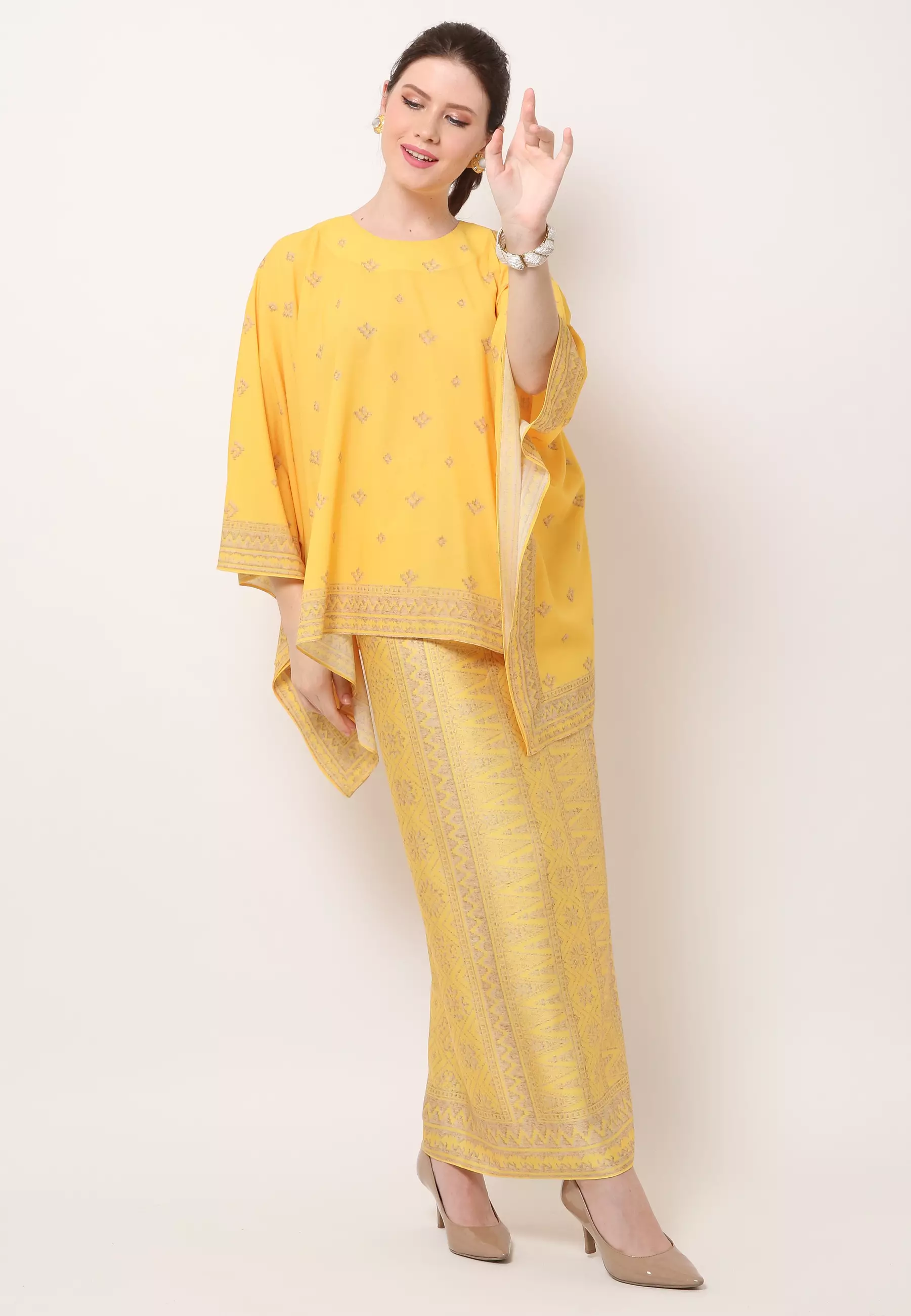 Kanzi Collection Songket R-Neck Yellow Sarong Set