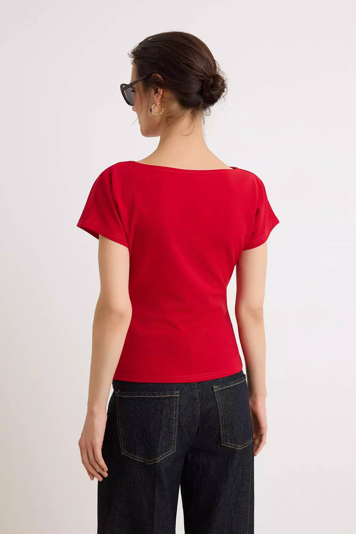 Red Fitted/Bodycon Boat Neck Low Shoulder Short Sleeve Scuba Crepe Knitted Blouse Twoss26Bz00080