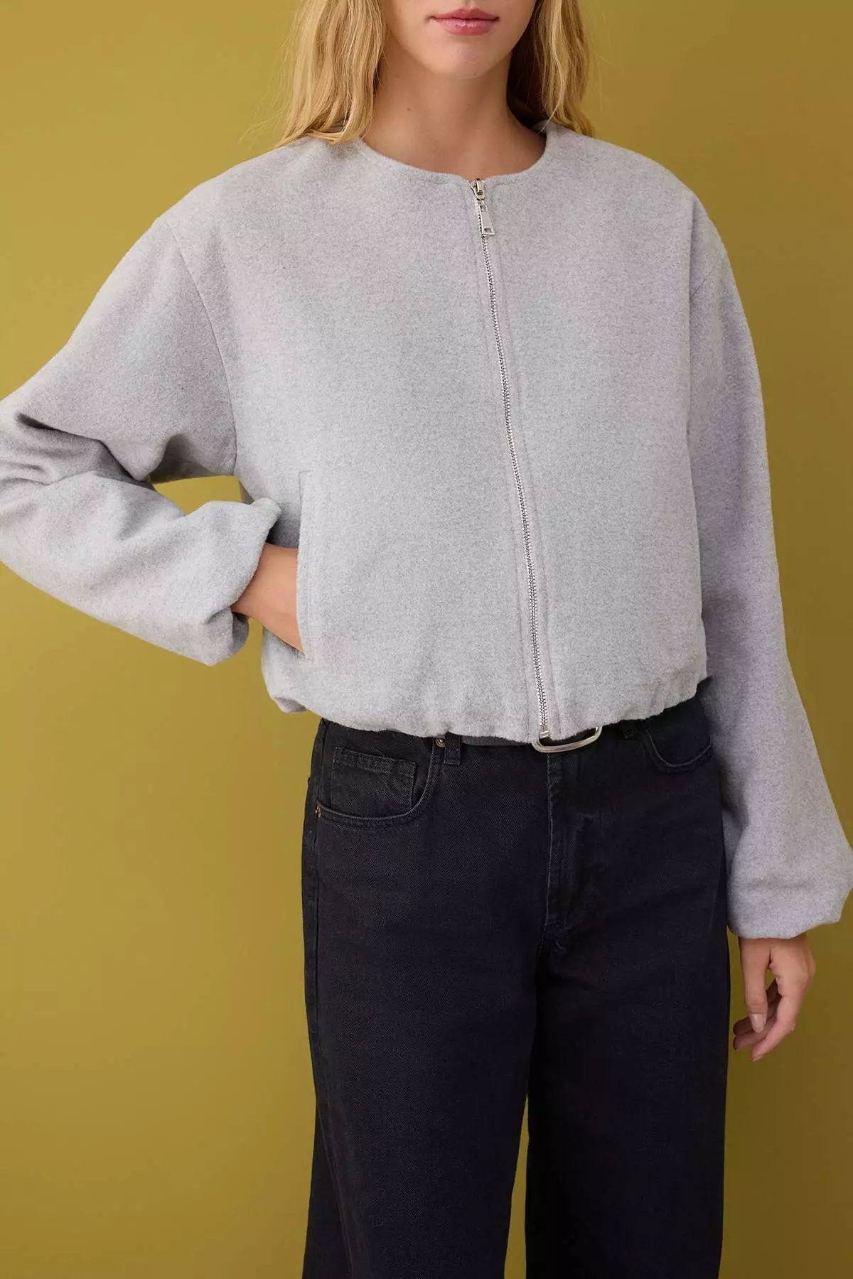 Gray Oversize Molded Cashmere Bomber Jacket Coat