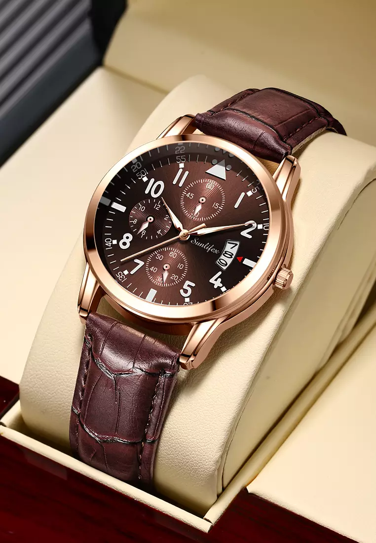 Jam Tangan Pria 7004 Original Anti Air Kuarsa Tali Kulit Jam Tangan Cowok brown