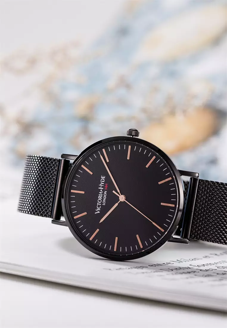 男性手表 經典款 黑色不鏽鋼網狀表帶 40mm黑色表殼 黑色表面-黑色