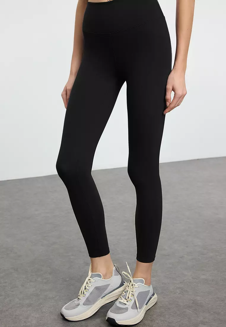 Black Soft Brushed Fabric Reflective Print Detailed Full Length Knitted Sports Tights THMAW25TY00020