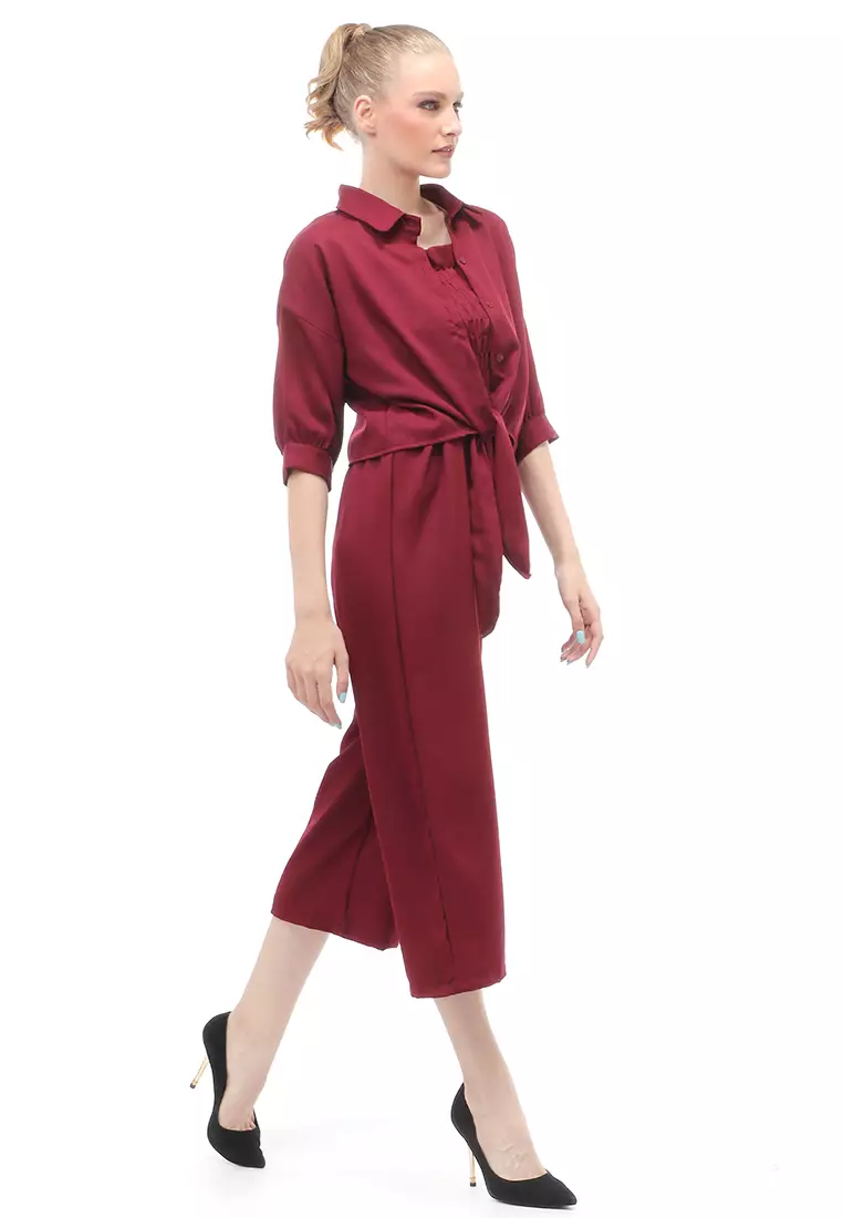 Jumpsuit Wanita Casual Motif Solid Setelan Relaxed Fit - Maroon
