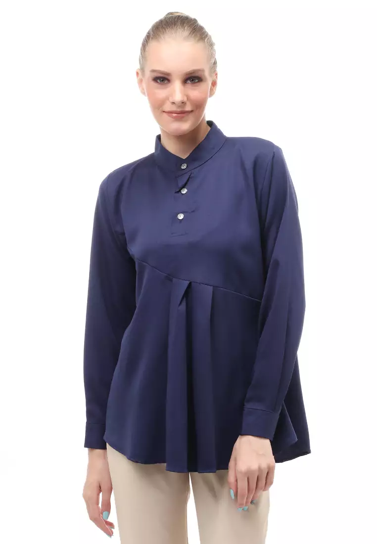 Blouse Atasan Wanita Motif Polos Design Simple Front Button Opening Regular Fit - Navy