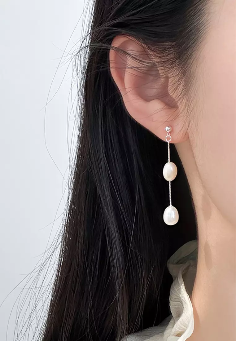 925 Silver Drop Chain Freshwater Pearl Earrings JW AR-M05161
