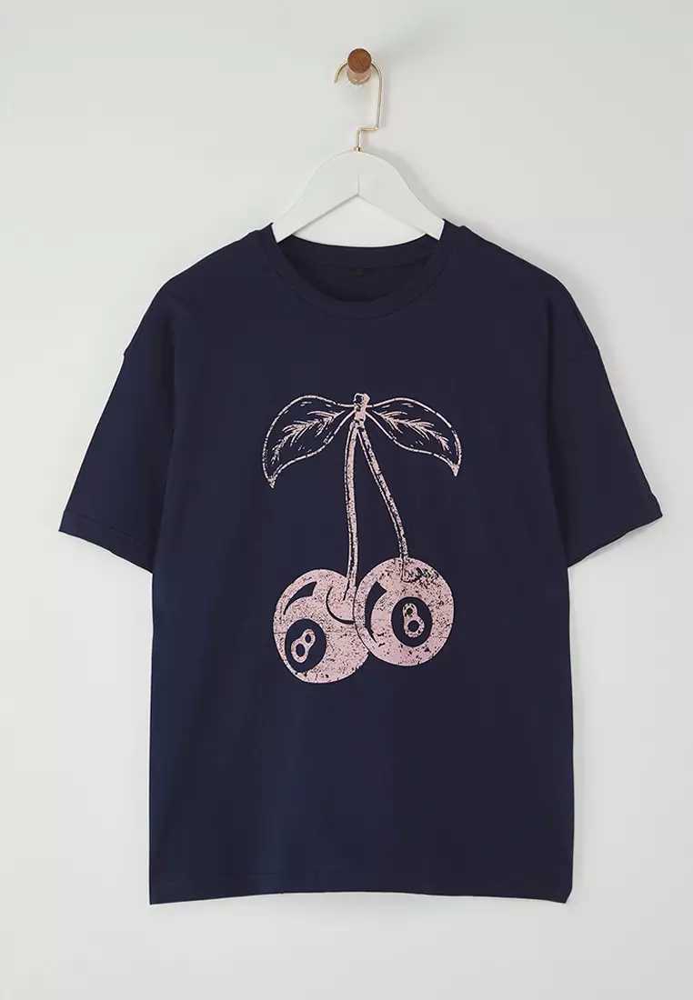 Navy Blue Cherry Printed Oversize/Wide Pattern Knitted T-Shirt