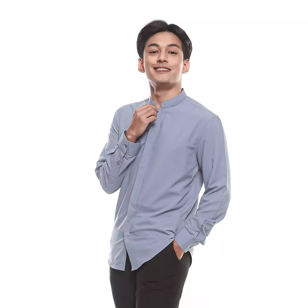 OXCON Kemeja Koko Pria Lengan Panjang Polos Fitra Blue Grey