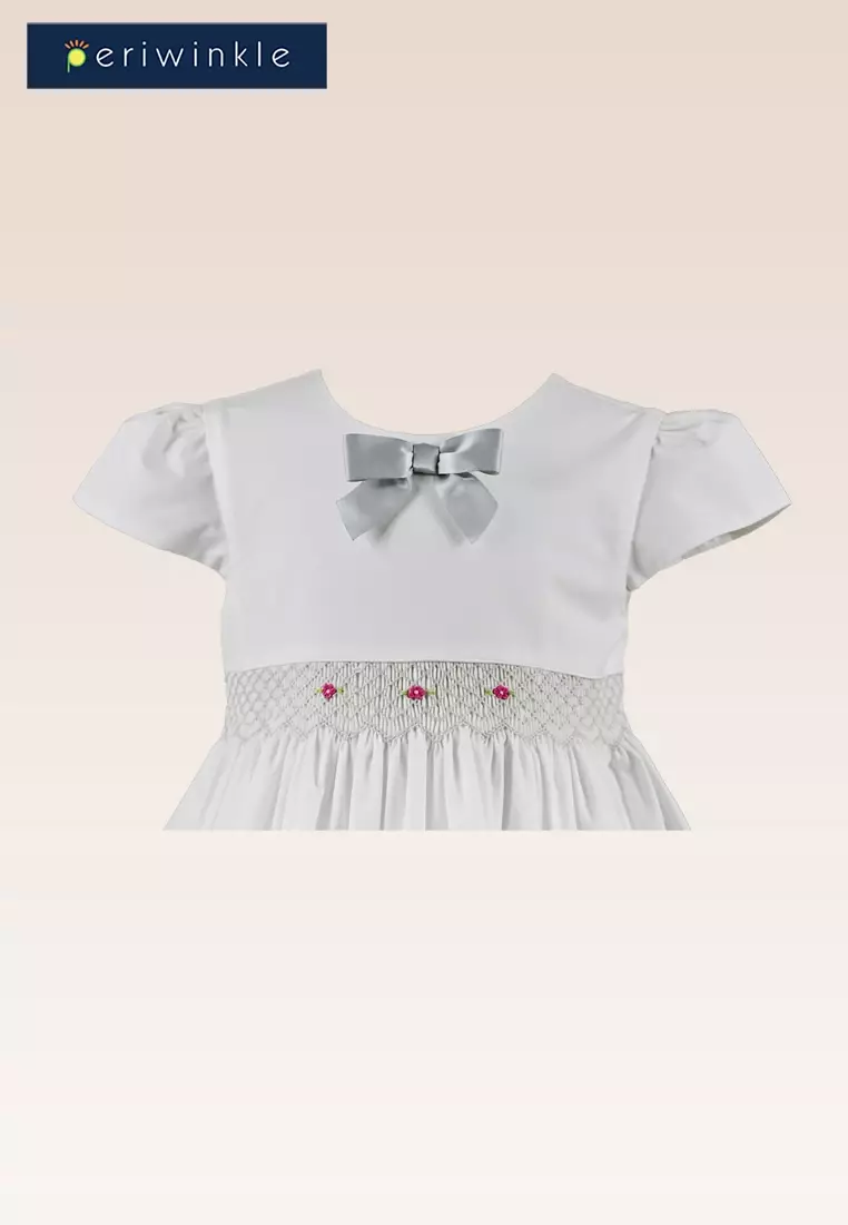 Marnie Girls White Smocked Waist and Ribbon Decorative Trim Dress