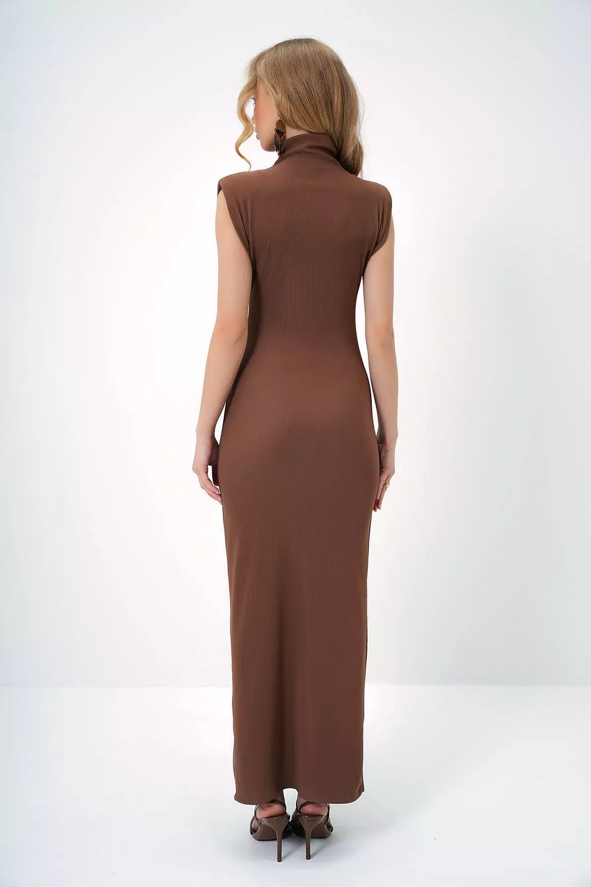 Women's Brown Stand Collar Padded Sleeveless Midi Length Slit Dress