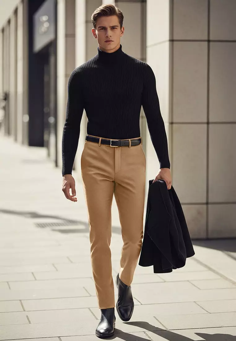 Beige Slim Fit Italian Cut Chino Fabric Pants Tmnaw23Pl00034