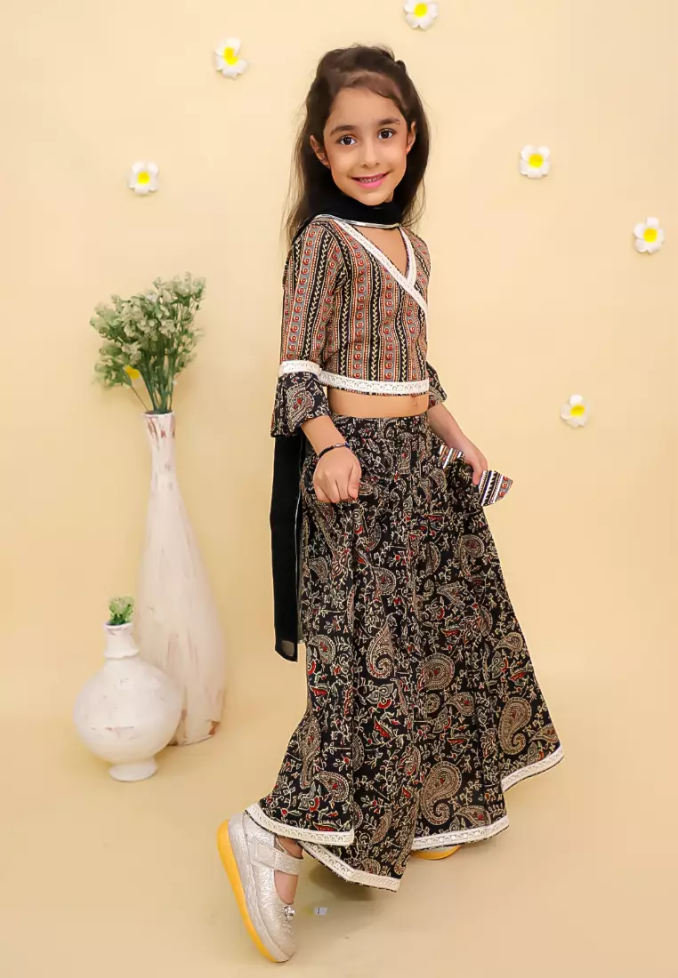 The Mom Store Kalamkari Girls Lehenga Set With Dupatta - Black