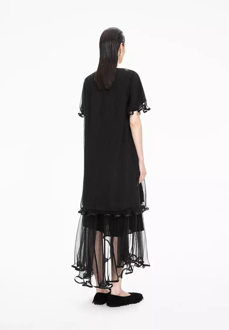 【轻礼服】混纺网纱A型压褶短袖连衣裙