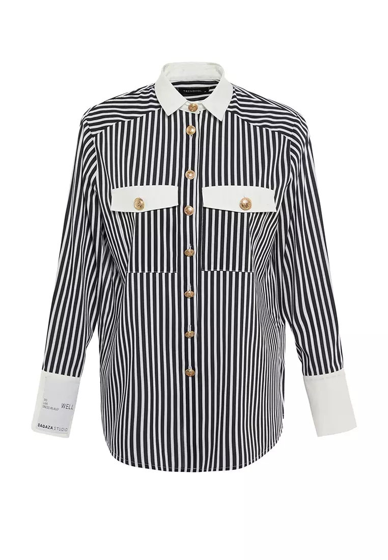 Buy Trendyol X Sagaza Studio Black and White Striped Shirt with Button ...