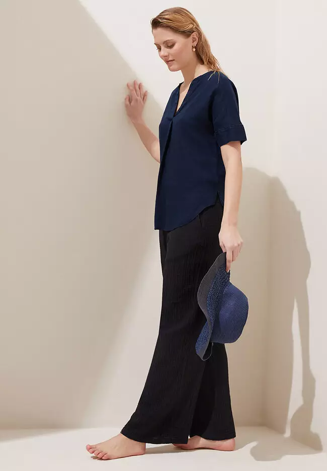 Pure Linen Short Sleeve Popover Blouse