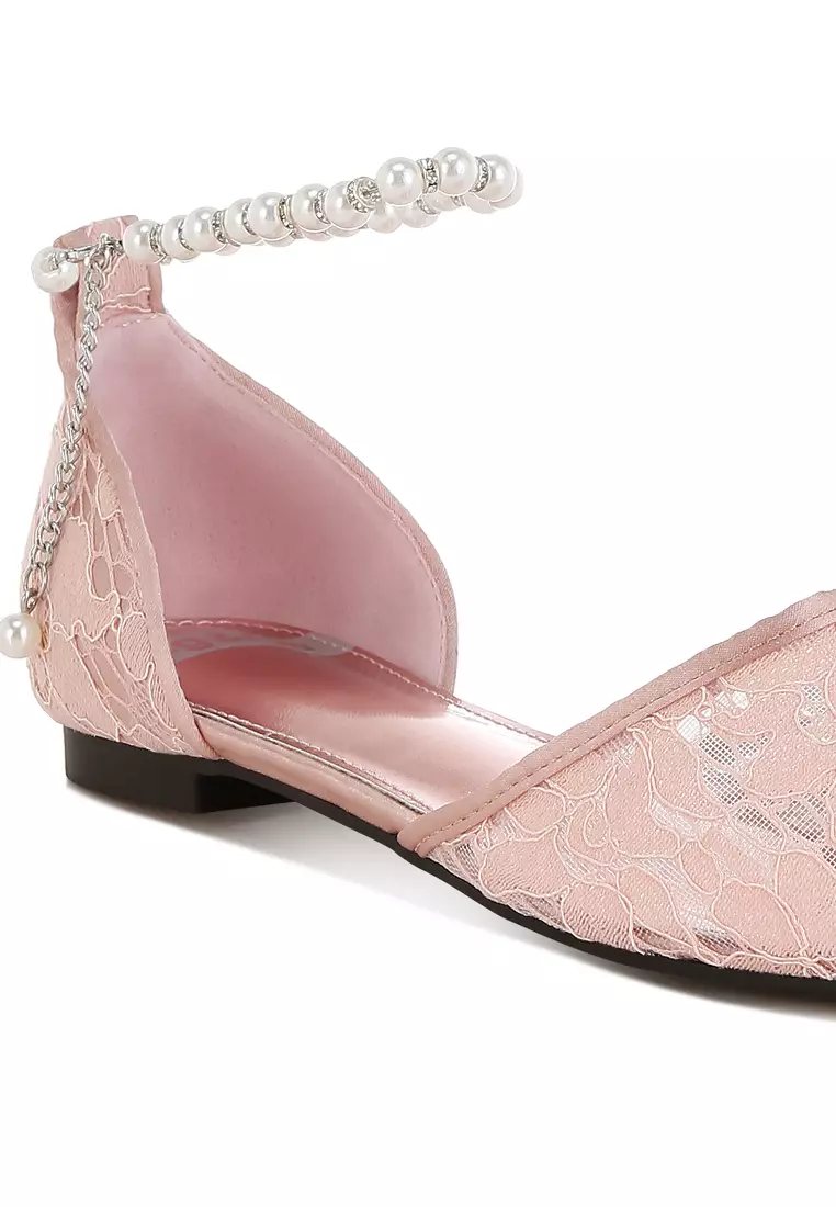 Sandal Datar Tali Mutiara & Berlian Imitasi dalam Warna Blush