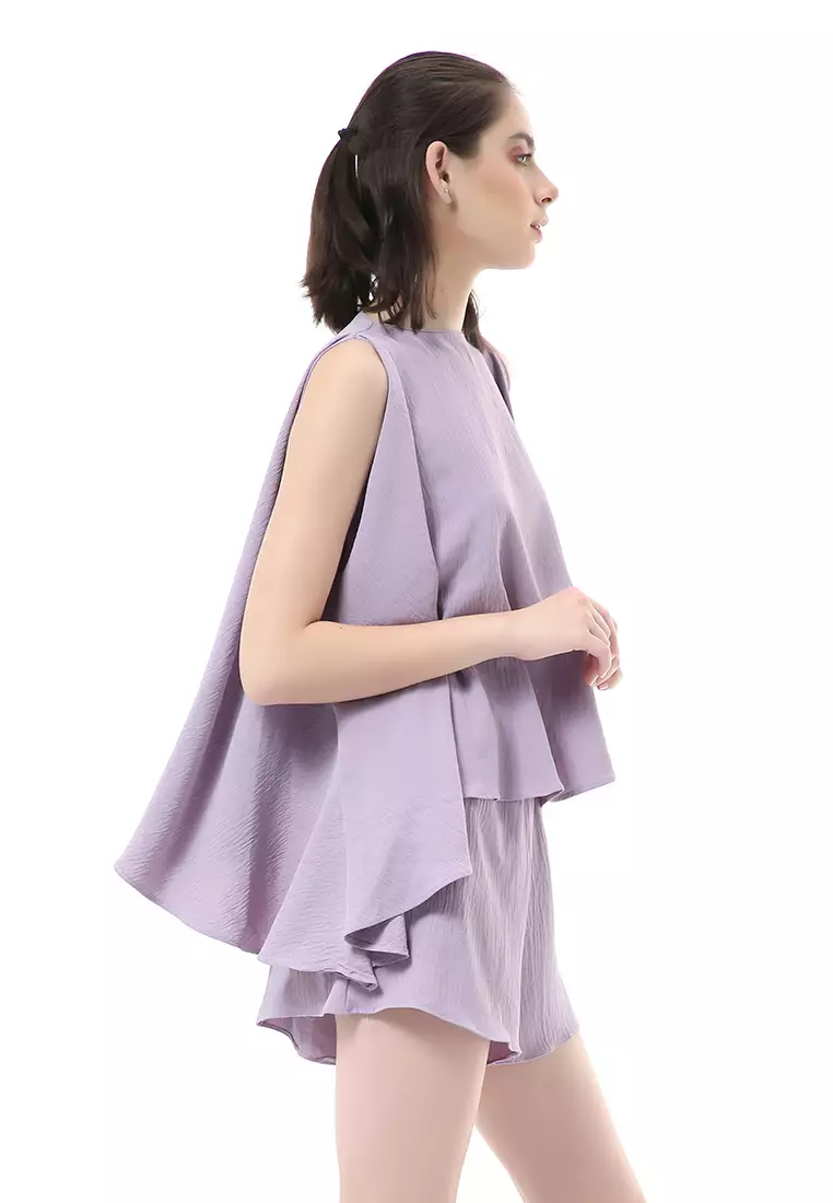 Nayra One Set Setelan Wanita Sleeveless Blouse with Short Pants Plain Motive Material Crepe Crinkle ORIGINAL - Lilac