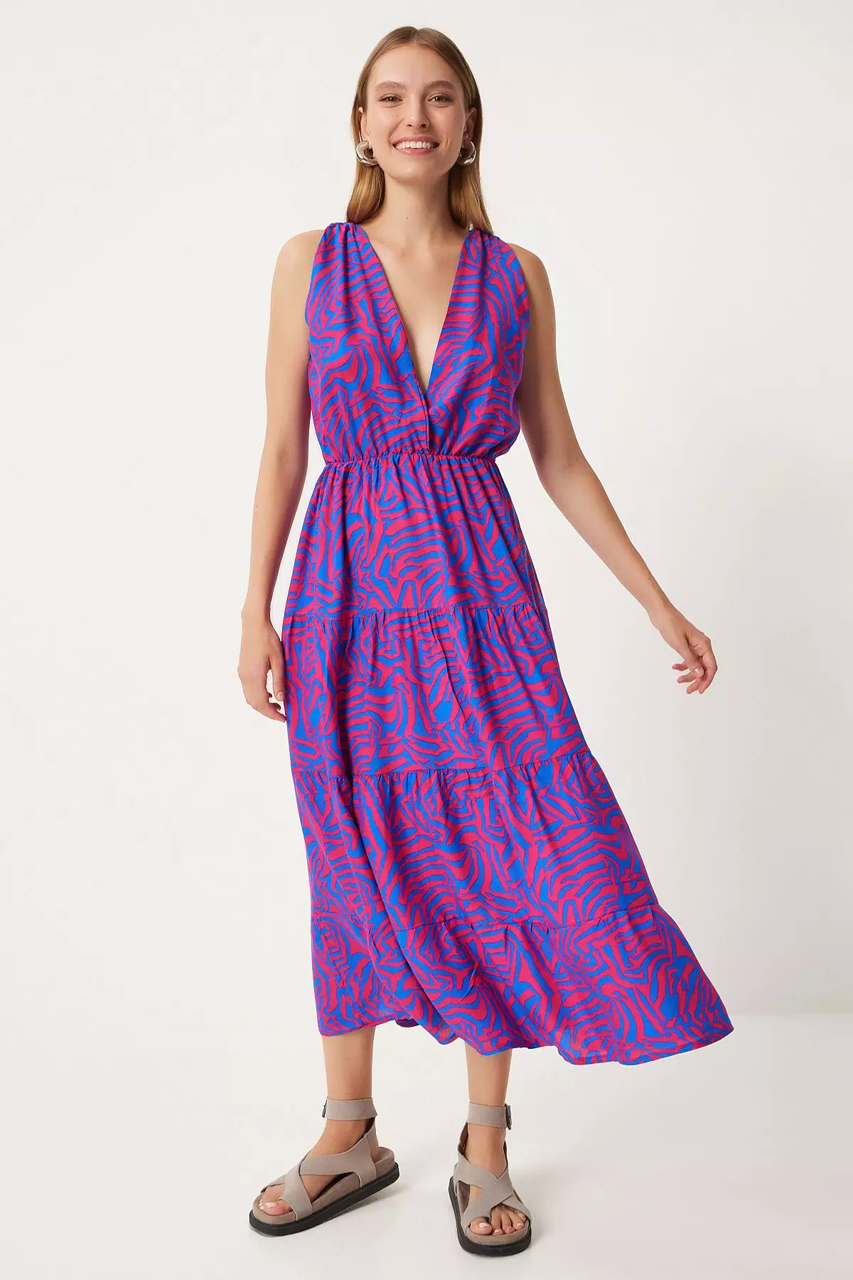 Pink Patterned Long Sleeveless Regular Dress
