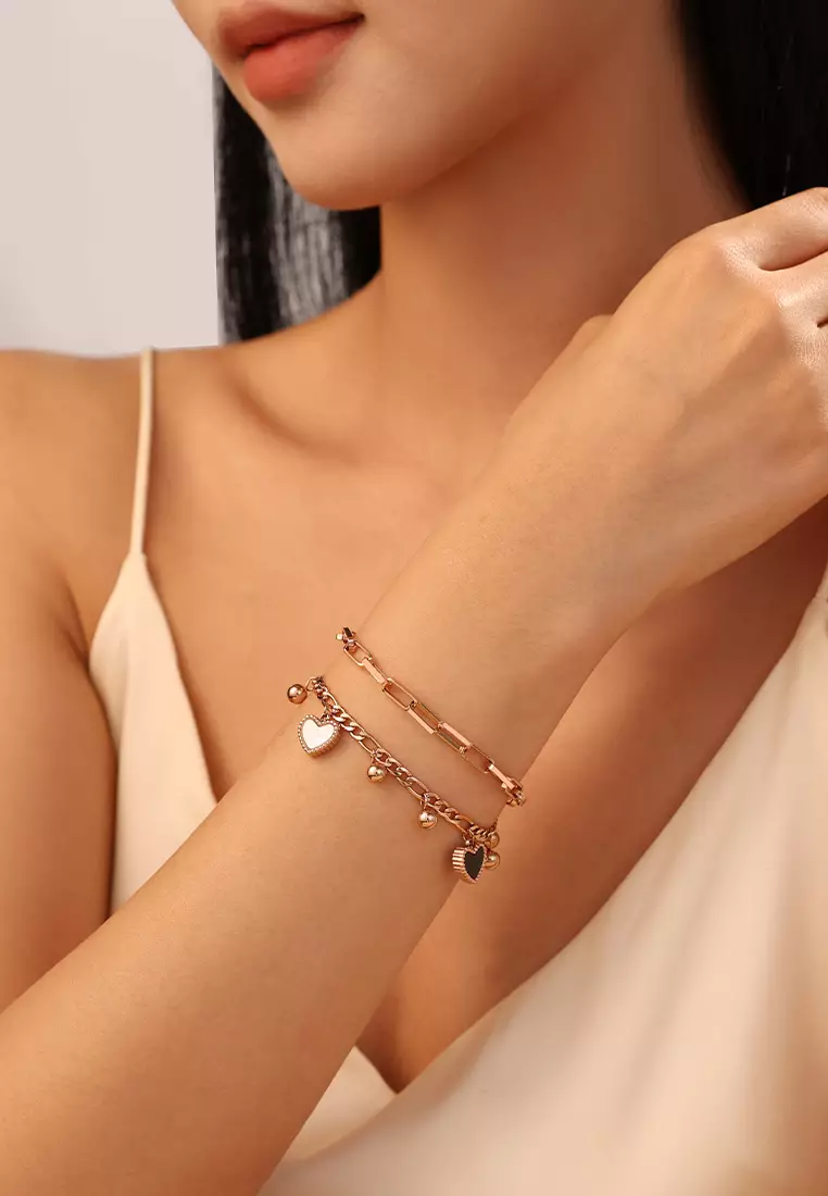 Gelang Wanita Korea Elegan Titanium Anti Pudar Berbentuk Hati Rantai Ganda Cewek Bracelets