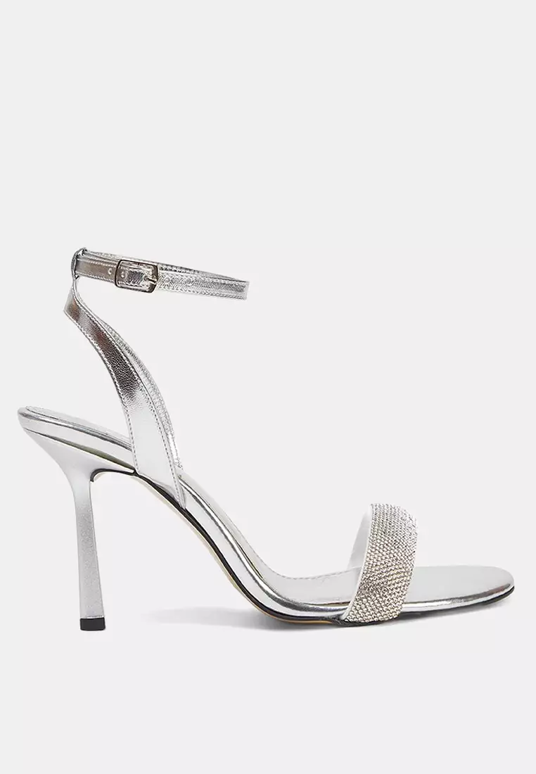Silver Stone Almond Toe Women's Evening Dress Thin Heeled Sandals Takss25To00049