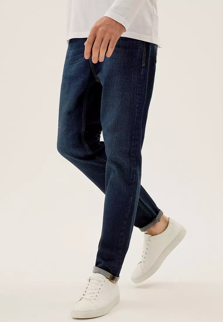 Tapered Fit Vintage Wash Stretch Jeans