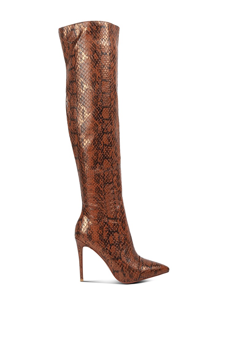 Brown Snake Print Stiletto Knee Boots