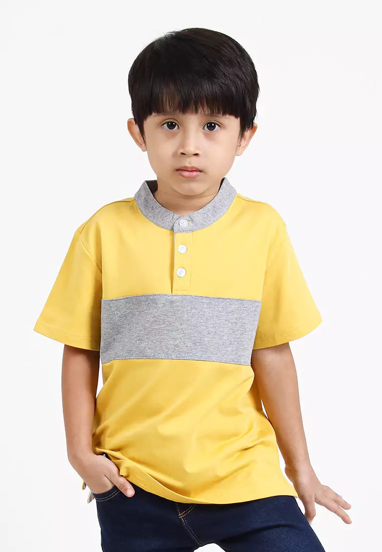 Forest Kids Premium Weight Cotton Stretchable Mandarin Collar T Shirt Men | T Shirt Baju Budak Lelaki - FK20170-65Yellow
