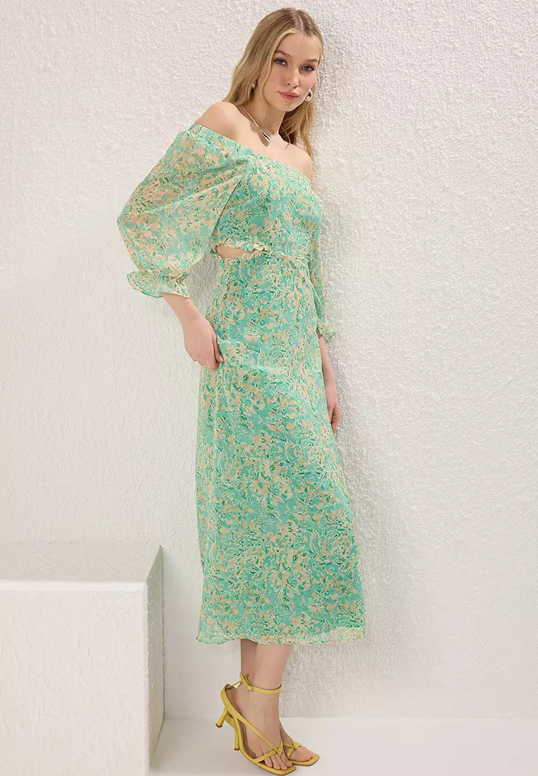 Mint Floral Cut Out / Flounce Maxi Woven Dress