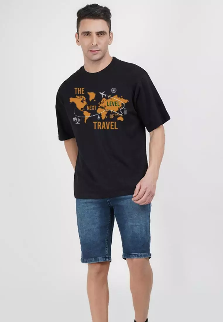 超大 Next level of Travel 黑色棉质短袖常规版型 T 恤