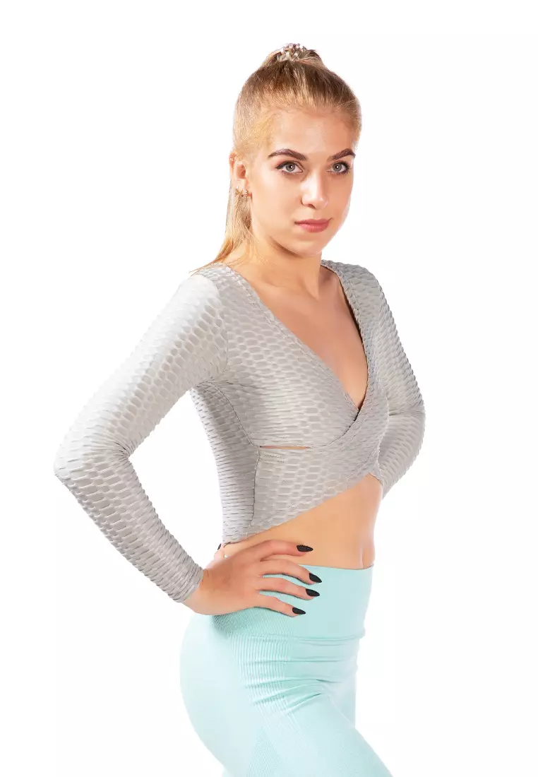 V-Neck Wrap Yoga Crop Top dalam Warna Abu-abu