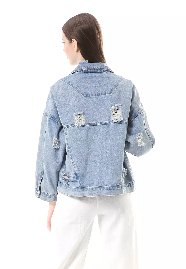 Clara Jaket Jeans Atasan Wanita Oversize Motif Polos High Quality - Blue