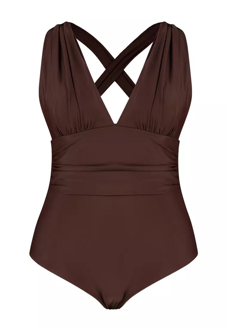Brown Deep V Back Cross Waist Gather Detail Plus Size Swimsuit TBBSS23AM00000