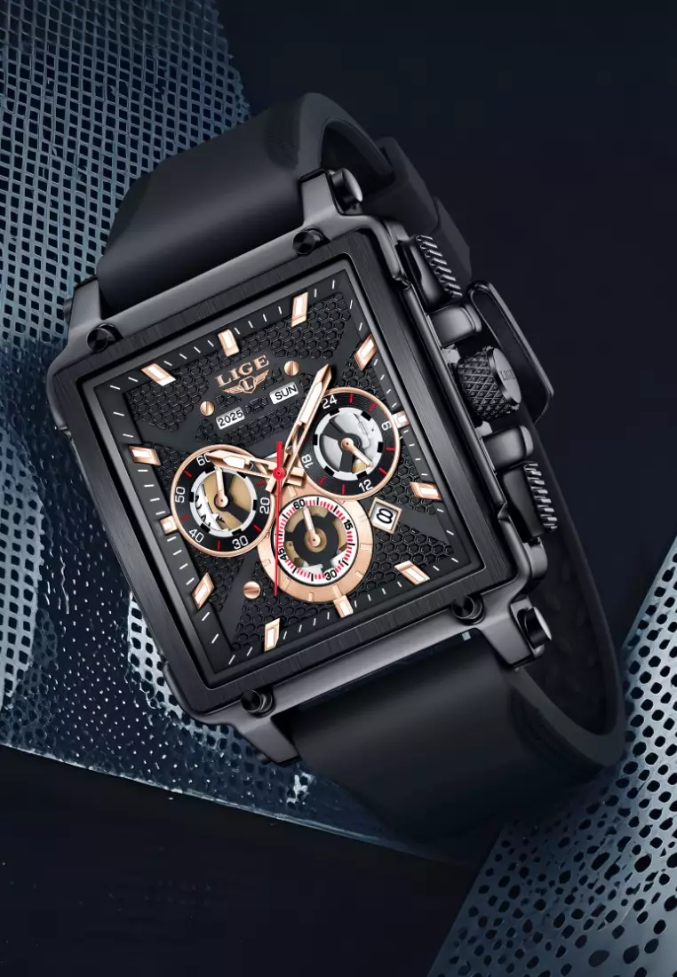 Unisex Chronograph IP Pink Gold Color Metal Alloy Quartz Watch, 44mm W x 44mm H, Silicone Strap