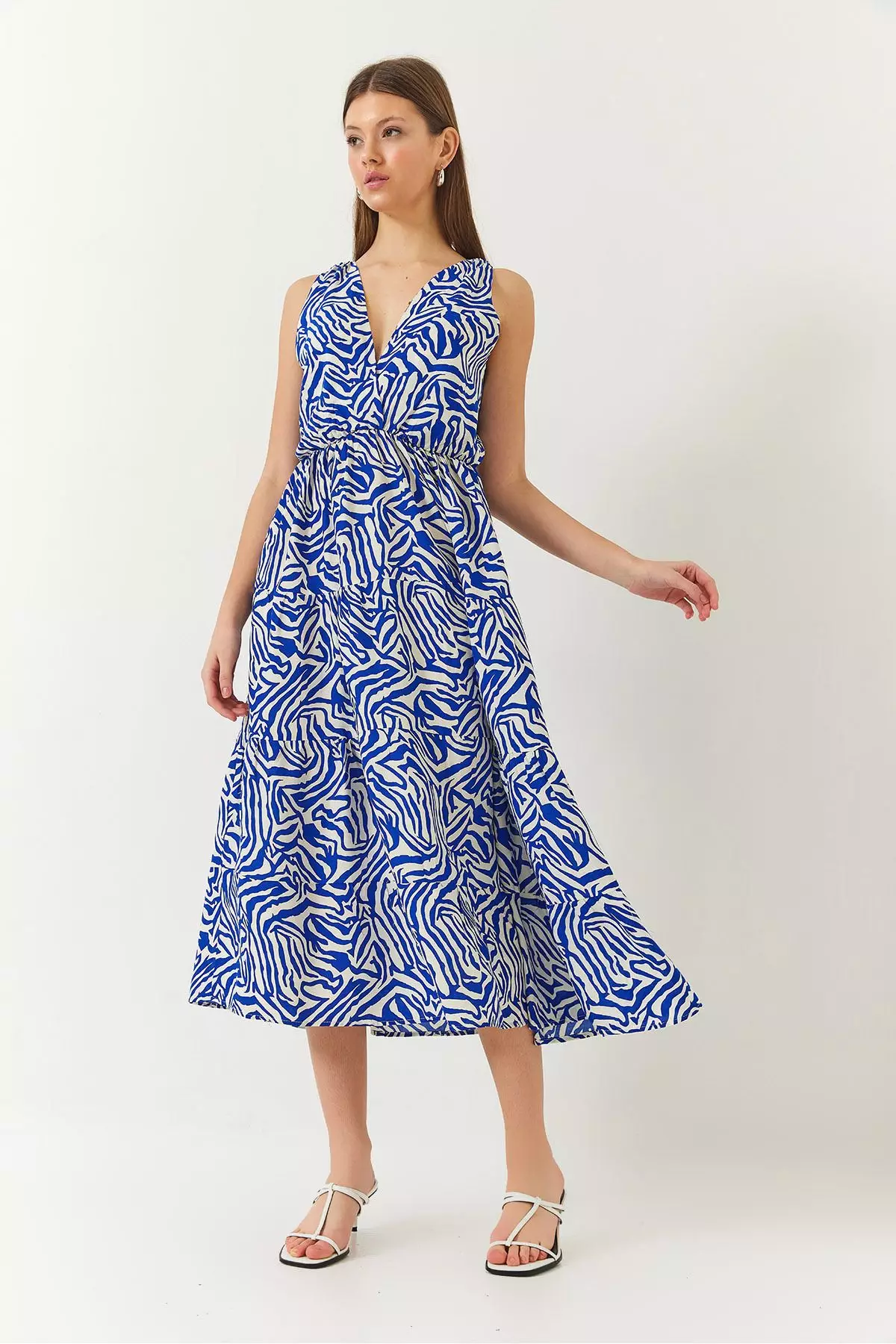 Women's Double Breasted Neckline Elastic Waist Back Rope Tie Print Dress 60261428