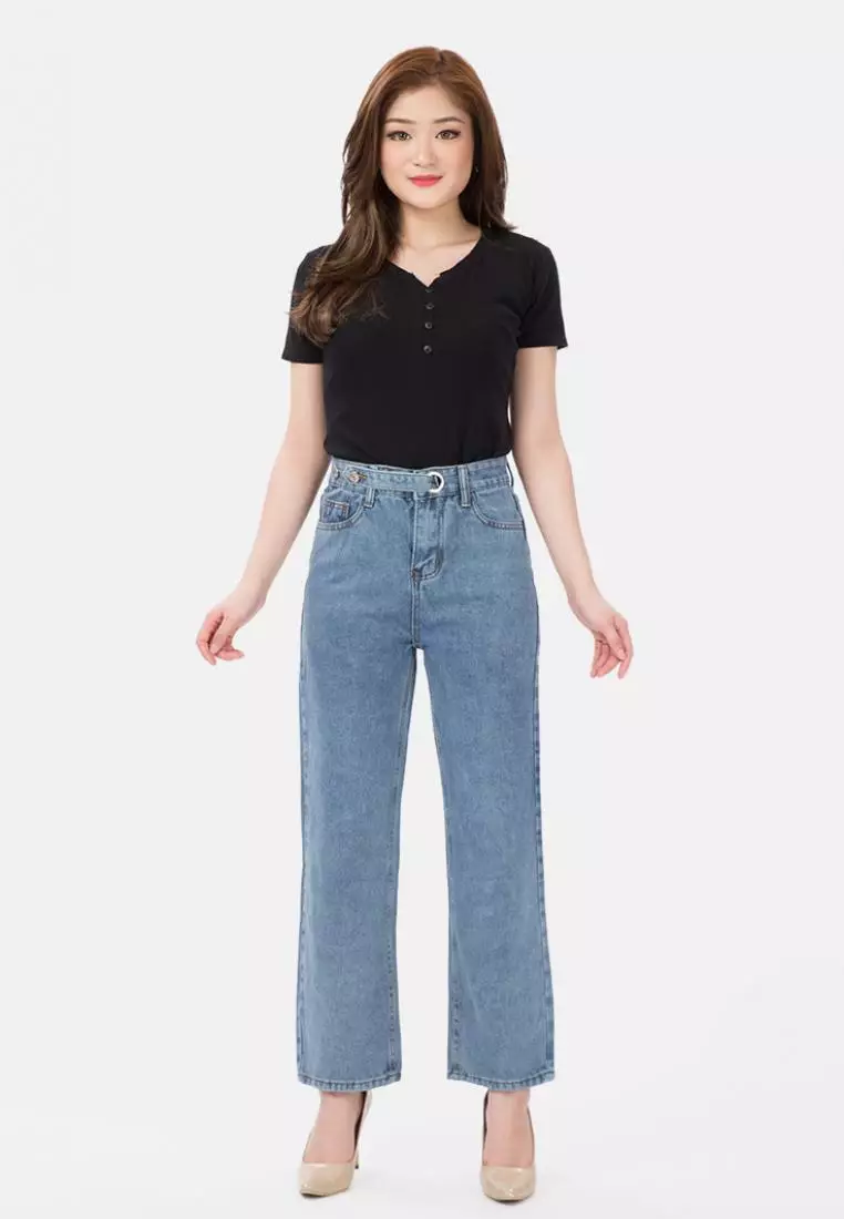 Jual MKY CLOTHING Ring Button Straight Jeans in Blue Original 2024