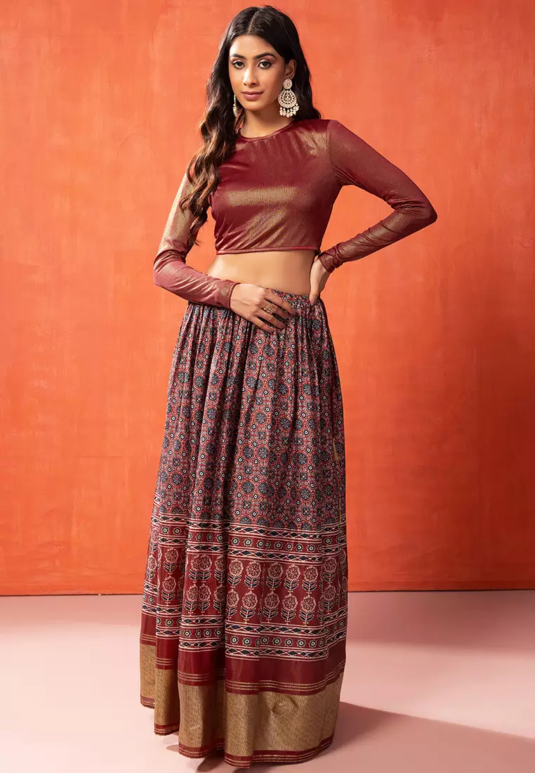 Buy Indya Red Ajrakh Print Silk Lehenga Skirt Online ZALORA Malaysia