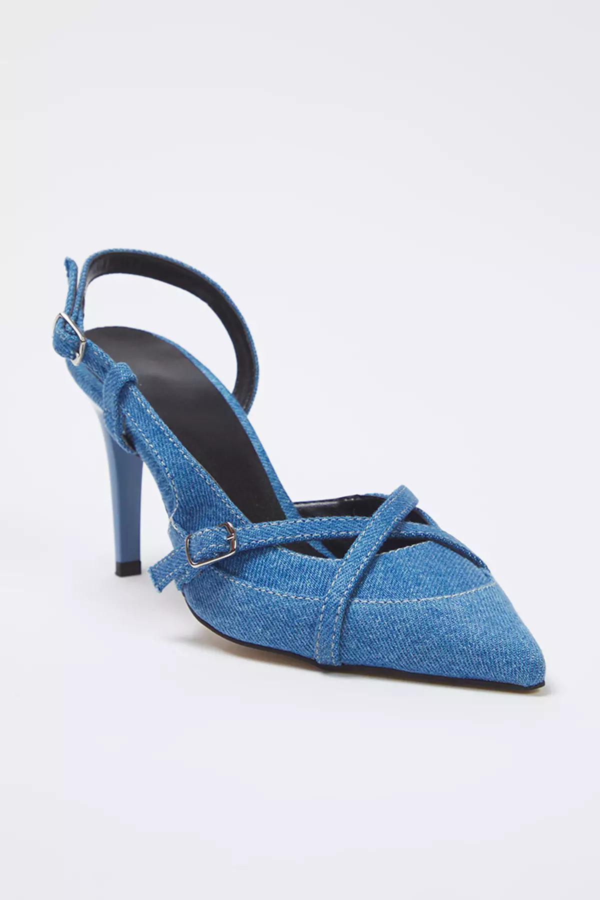 Blue Denim Contrast Stitching Pointed Toe Women Thin Heels Shoes Takss25To00105