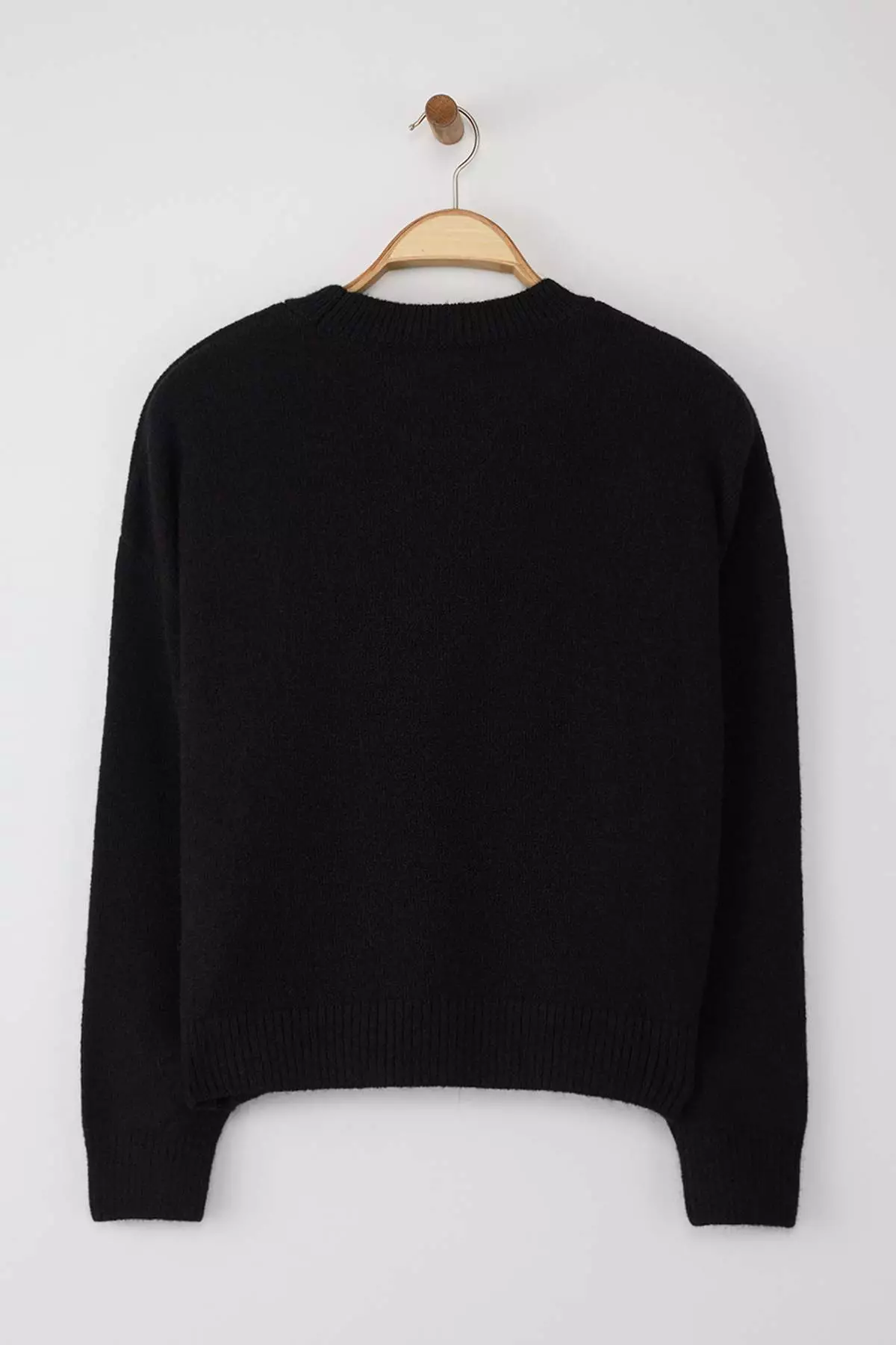 Black Alpaca Wool Blended Premium/Special Yarn Wide Fit Basic Knitwear Sweater