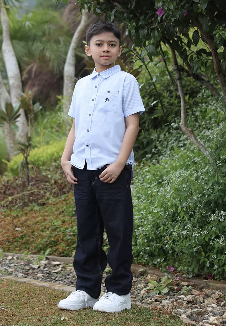 Kemeja Lengan Panjang Anak Laki Biru/ Baby Blue Stripe Short Sleeve Shirt/ Rj Sky Blue