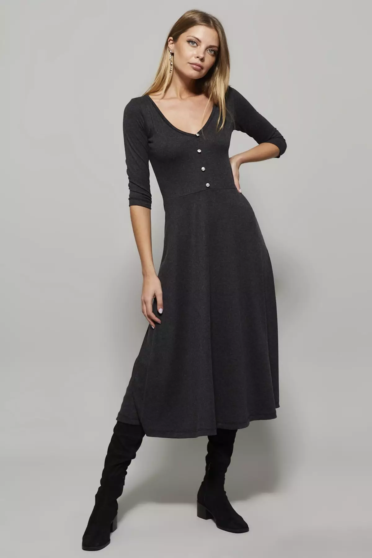 CityHottie Button V-Neck Maxi Dress With Belt(3 Colors)