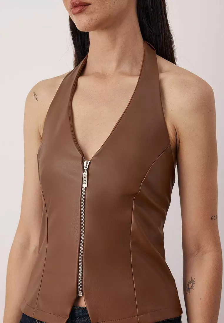 Dark Brown V-Neck Faux Leather Zipper Detail Party Blouse Tpraw26Bz68