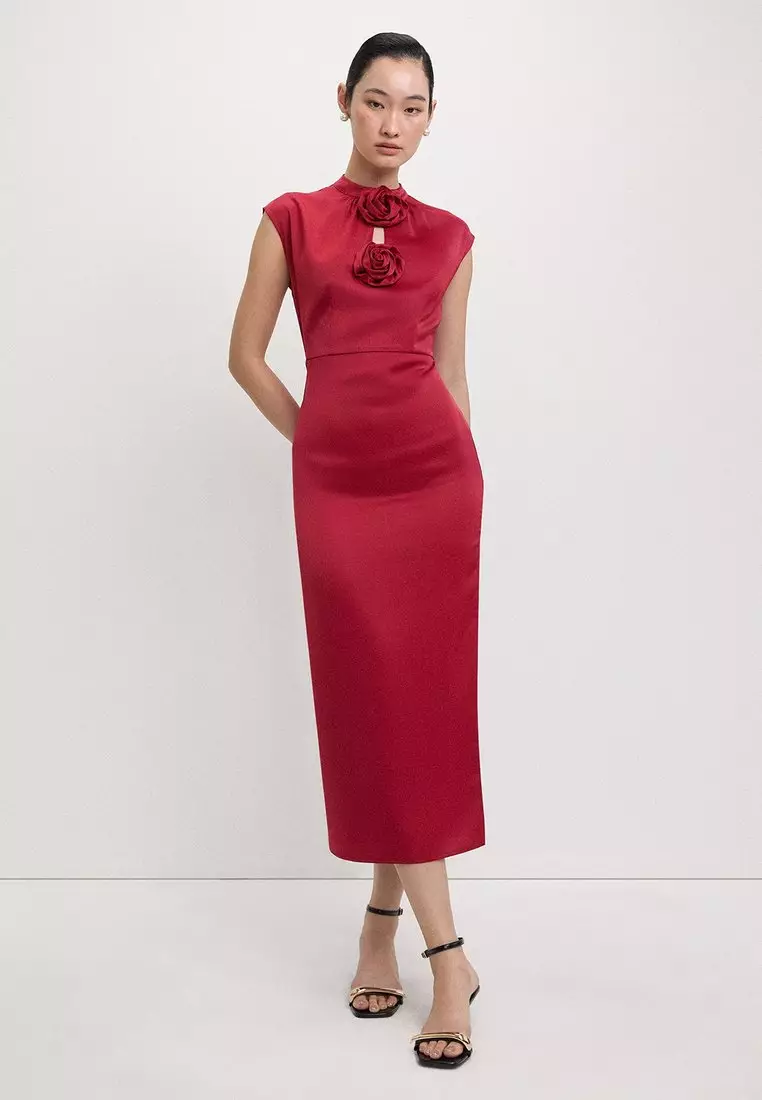 Rose Accent Maxi Dress - Red