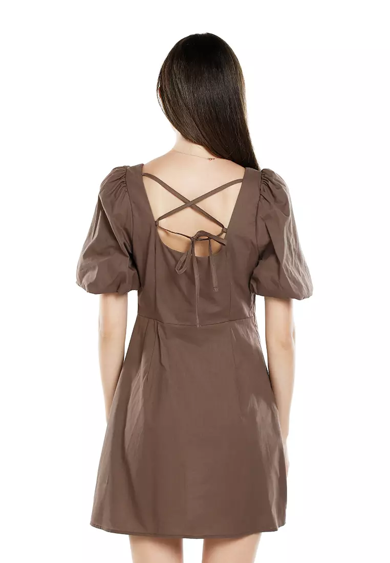 Sweetheart Neck A-Line Dress In Brown