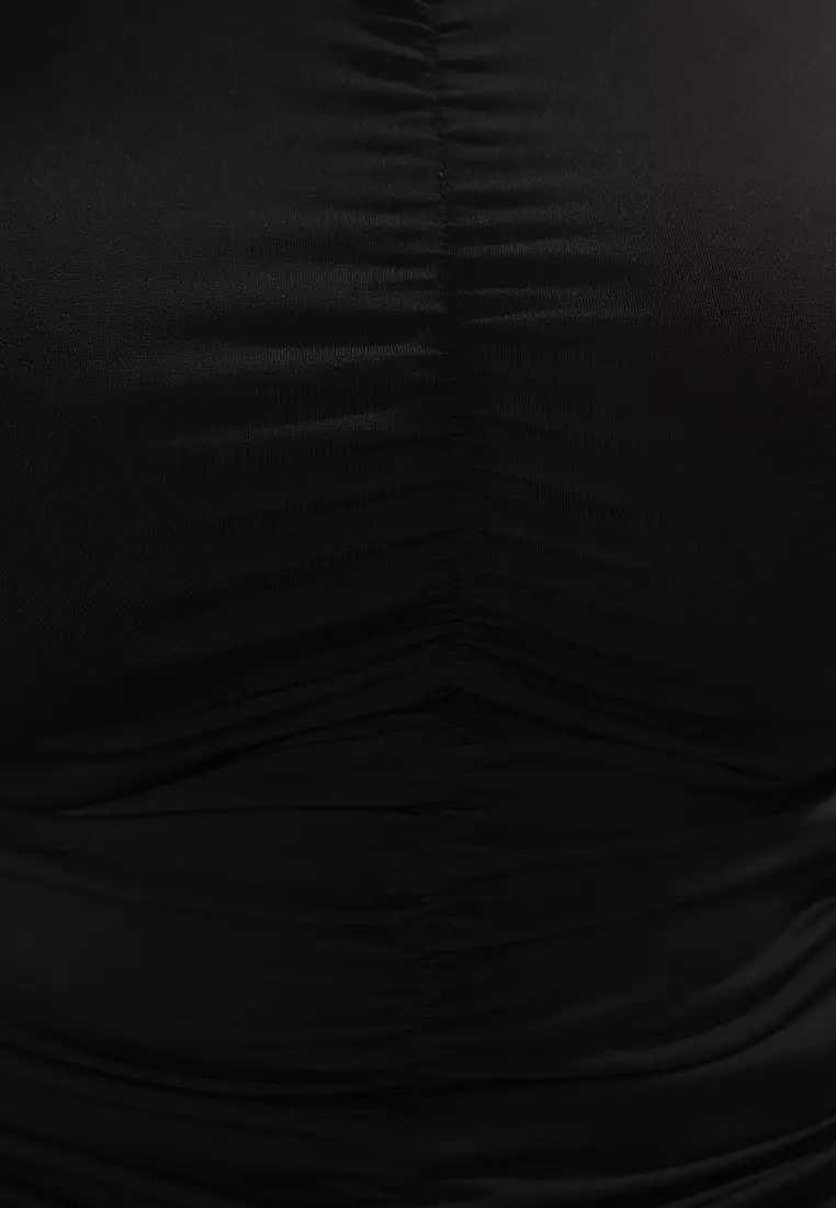 Black Halter Neck Shirred Sandy Knitted Plus Size Blouse Tbbss25Af00111