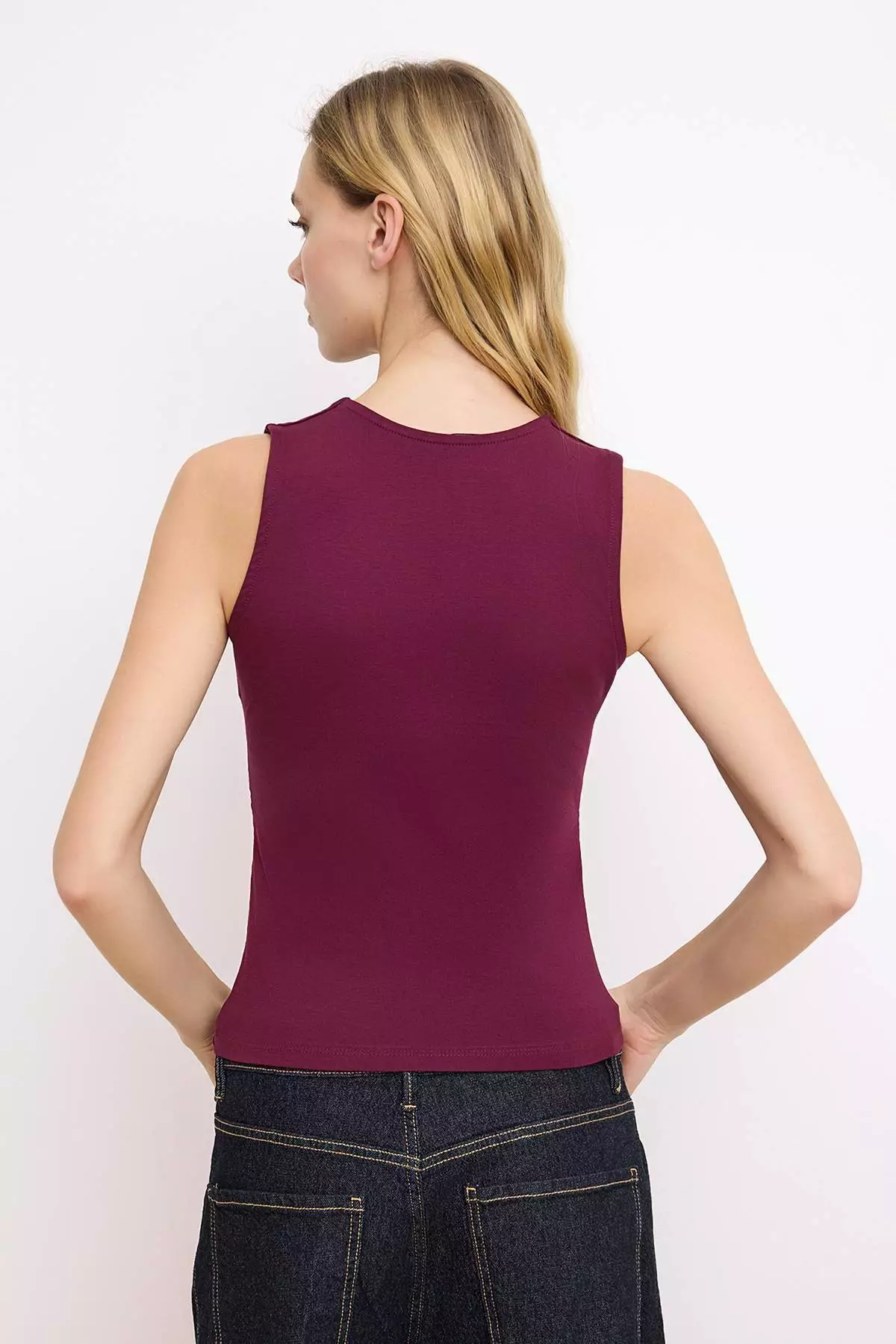Plum Solid Square Neck Strap Drawstring Fitted/Slim Fit Stretchy Knitted Blouse Twoss24Bz4