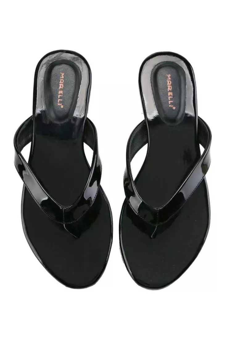 Ella Sandal wanita Jepit Flat Slip On - Black patent