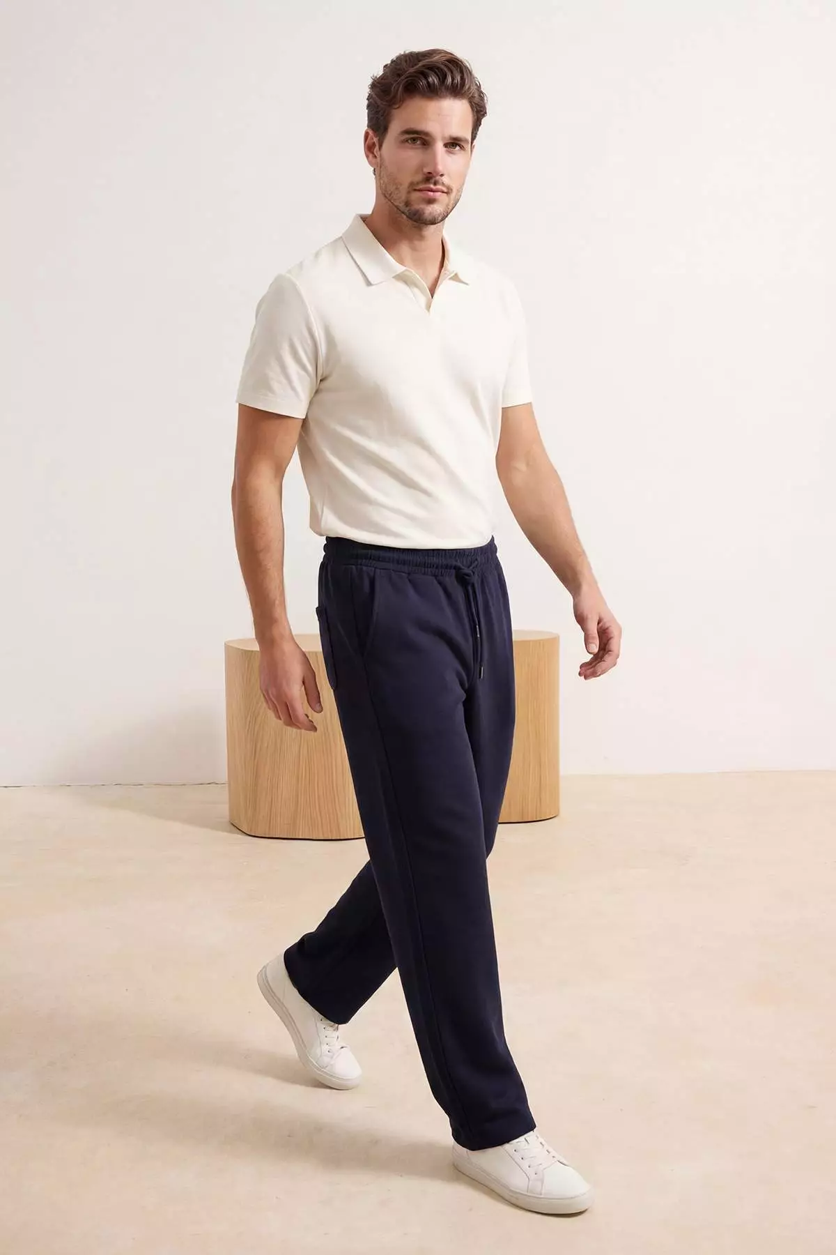 Navy Blue Linen Look Belted Men'S Trousers Tmnss26Pl00007