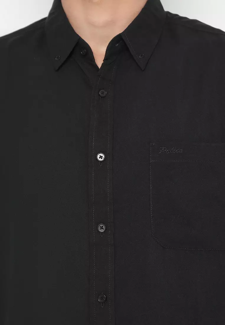 POLICE Kemeja Polos Basic Cotton Soft Black Regular Fit Pria