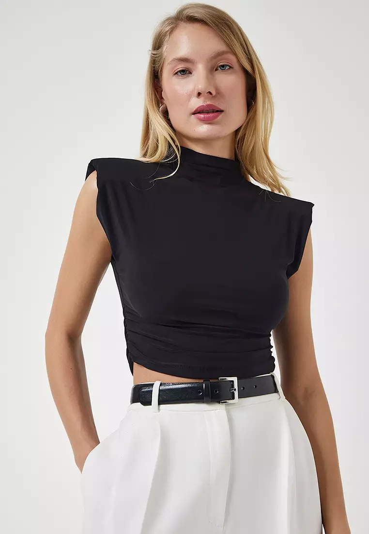 Asymmetrical Neck Ruched Crop Top for Women | Y2K Sleeveless Halter Tie Blouse – Slim Fit Stretch Knit