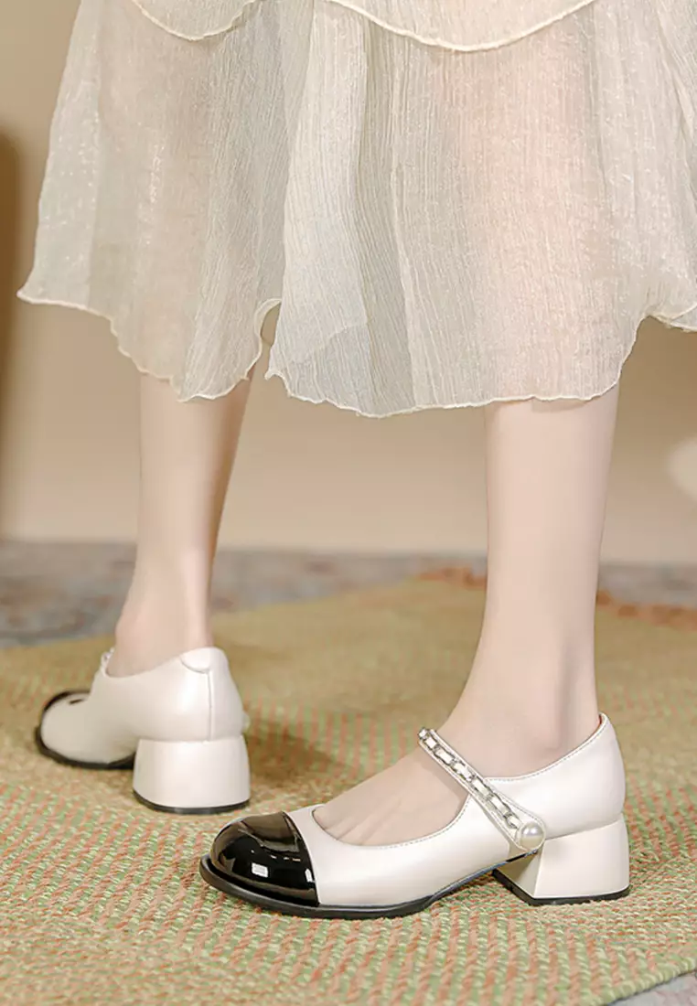 4CM Color Matching Pearl Strap Mary Jane Shoes TE3902-3